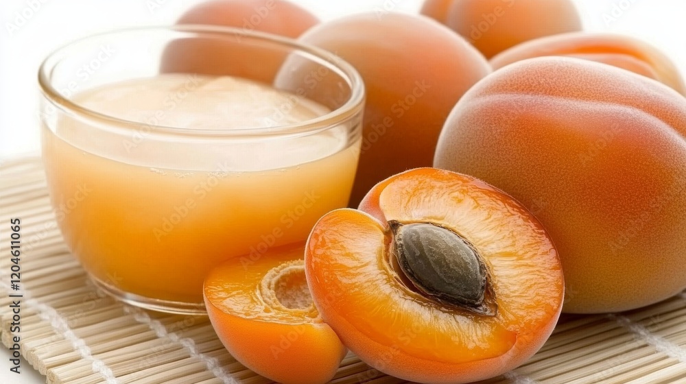 Poster fresh apricots and their juice displayed on a bamboo mat, showcasing vibrant color and texture in a 