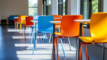 Colorful chairs arranged in modern classroom setting