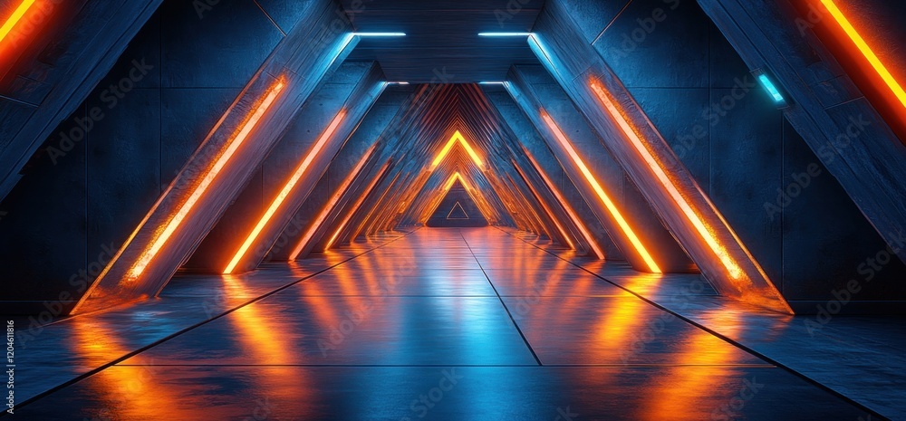 Poster futuristic neon corridor with triangular structure and blue light in cyberpunk style