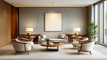 Modern living room featuring elegant furniture, wooden accents, and large windows that let in natural light.