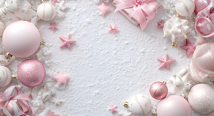 Elegant Christmas Decoration with Pink and Silver Baubles on Sparkling Snow