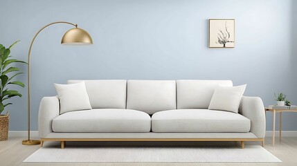 A modern living room featuring a light-colored sofa, stylish lamp, and minimal decor against a soft blue wall.