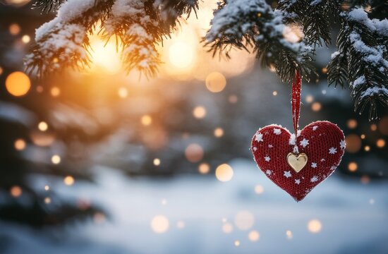 A beautifully crafted wooden heart, surrounded by winter nature and illuminated by the vibrant colors of sunset light, makes a Valentine's love wallpaper with room for your montage.