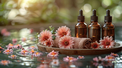 Aromatherapy oils with floral accents on wooden tray for relaxation and wellness.