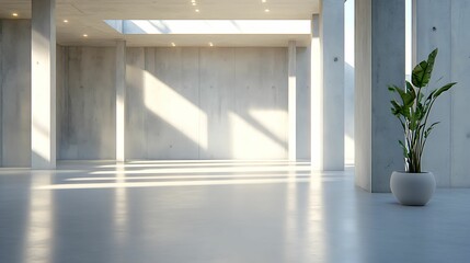 A spacious, modern interior featuring concrete walls, bright natural light, and a single potted plant, creating a serene atmosphere.
