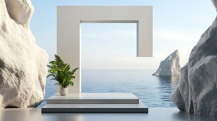 A modern, minimalist structure overlooks a serene sea, framed by rocky formations, creating a tranquil and stylish atmosphere.