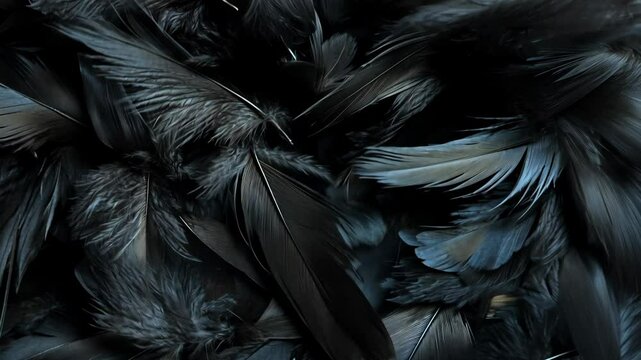 Dark feathers scattered on a smooth surface create an intriguing textural composition in natural light