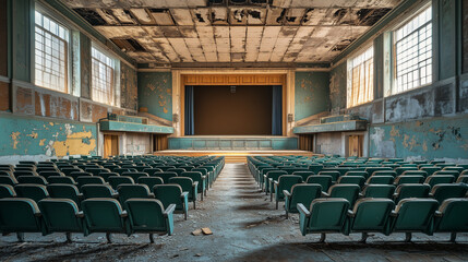 Abandoned auditorium with empty seats and peeling walls