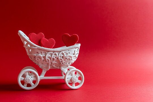 A red-background pram decorated with hearts in white, a symbol of love for Valentine's Day.