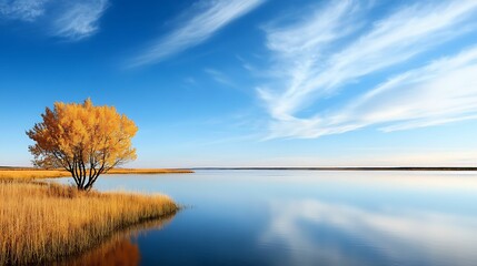 A tranquil lakeside scene featuring a solitary yellow tree against a backdrop of clear blue skies and gentle clouds.
