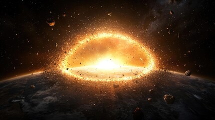 Obraz premium Asteroid impact on planet; cosmic explosion; space debris; fiery ring; destruction