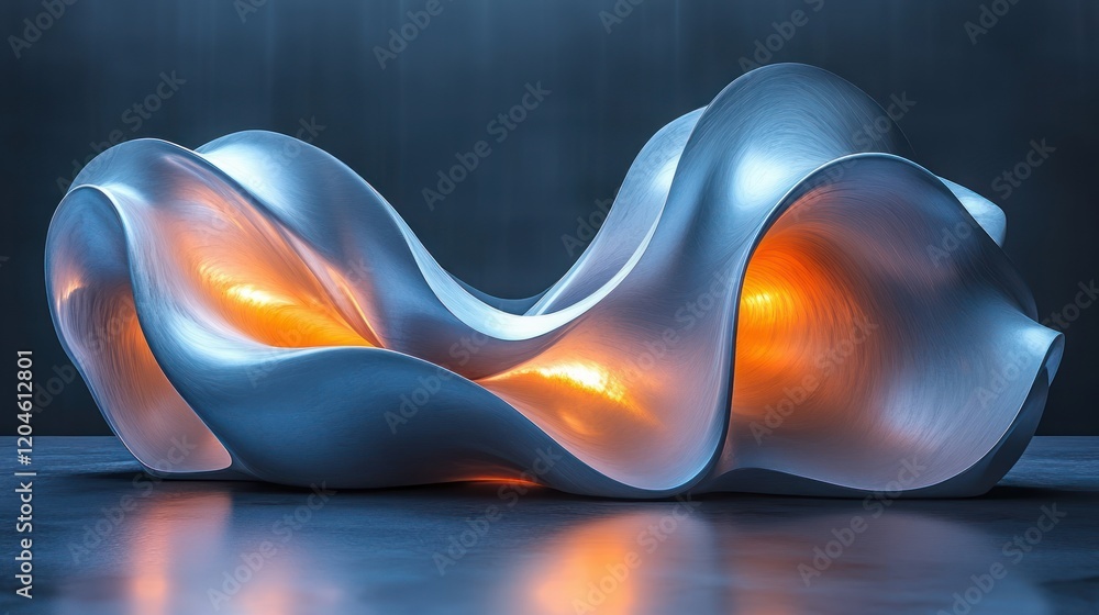 Poster futuristic abstract sculpture with smooth curves and neon lights against black background
