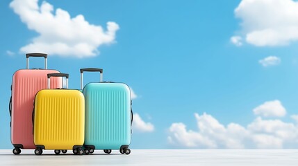 Colorful suitcases in pink, yellow, and blue against a bright blue sky with fluffy clouds, perfect for travel and adventure.