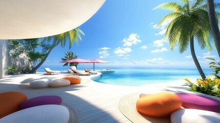 A serene tropical scene featuring vibrant cushions, palm trees, and a stunning ocean view under a bright blue sky.