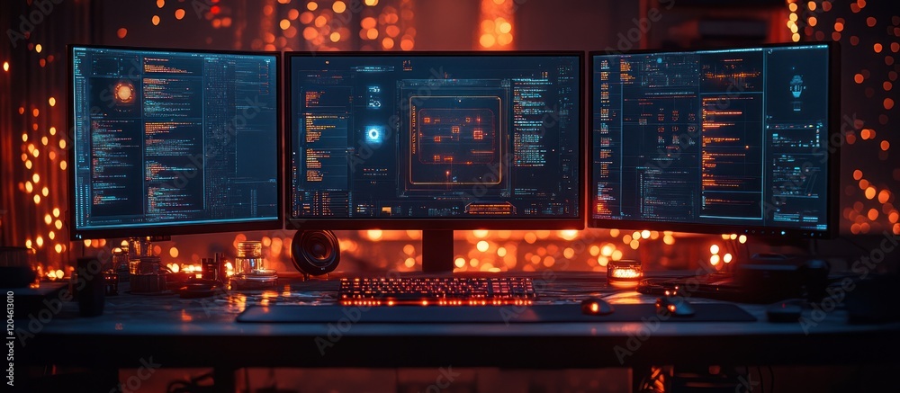 Poster triple monitor setup displaying code, in a dark room with warm lighting.