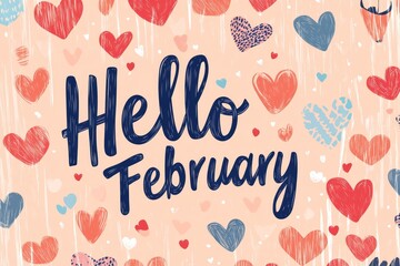Greetings February, red hearts text; modern design for Valentine's Day