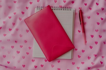 A red envelope adorned with white letters and scattered hearts on a soft pink backdrop, capturing the essence of romance and Valentine's Day with its colorful and thematic appeal.