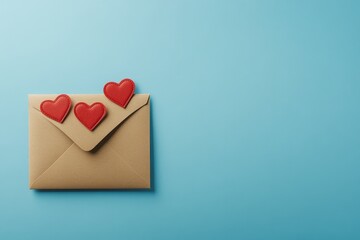 For Saint Valentine's Day, an arrangement includes an envelope, knitted hearts, and red paper hearts to express love, presented in a flat lay style.