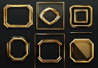 Golden shiny frame set isolated on dark transparent background