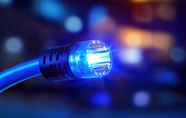 blue fiber optic cable with a glowing light at the end, against a blurred background.