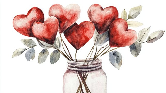 A watercolor painting features heart-shaped sticks organized inside a jar, conveying simplicity and affection.