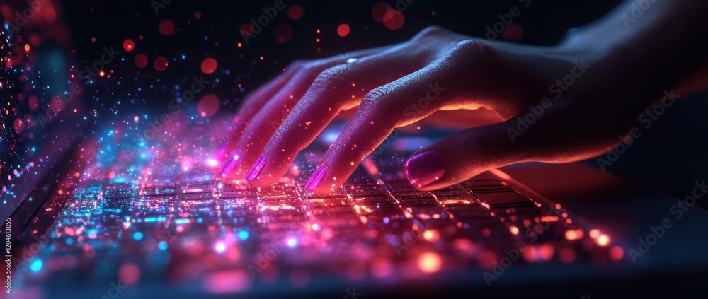Poster futuristic digital workspace with laptop cyberpunk technology and global network connection