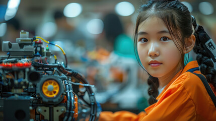 Obraz premium Asian teenager students doing robot arm and robotic cars homework project in house using computers and coding. technology of robotics programing and STEM education concept.