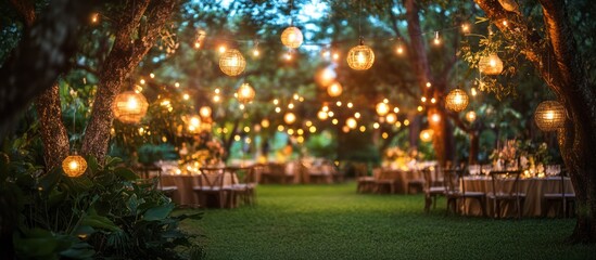 Romantic garden party at night with string lights and tables.