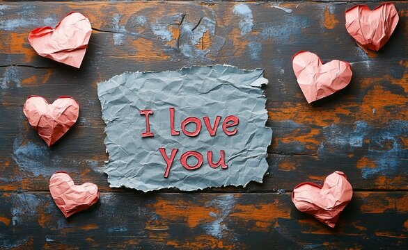 A torn sheet of paper with "I love U" written in red ink, embellished with handcrafted hearts in pink and red hues atop a wooden surface.