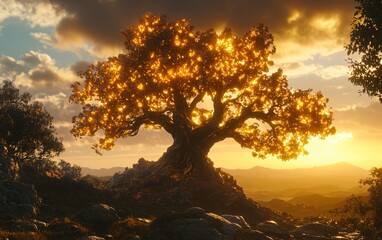 Obraz premium Golden Sunset Tree Landscape, Magical Glowing Tree on Hilltop