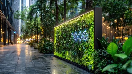Obraz premium Illuminated vertical garden in city alley at dusk