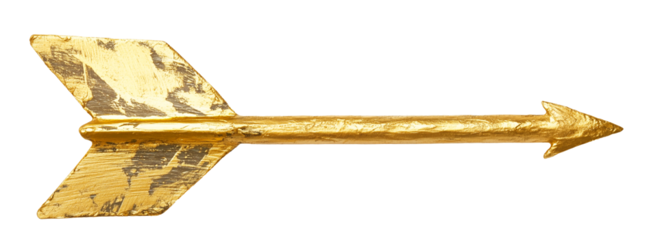 Shabby golden wooden arrow isolated on transparent background, element for design