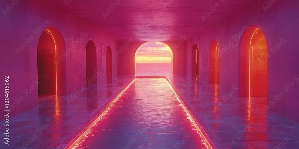 Aufkleber Futuristic Neon Corridor Glowing Portal Tunnel with Reflective Tiles in Cyberpunk Style 3D Rendering