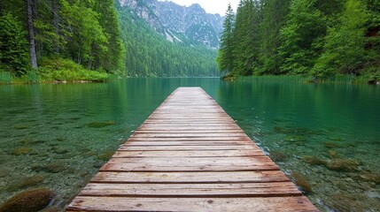 Obraz premium Wooden pier extends into a calm turquoise alpine lake surrounded by green forests and mountains.