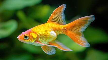 Fototapeta premium Orange goldfish swims in green aquarium plants. Home aquarium fish pet