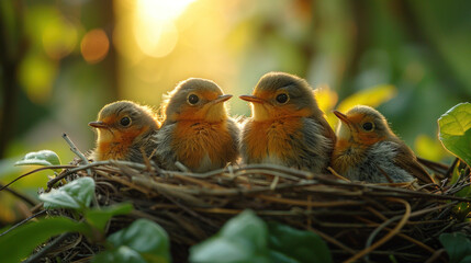 Obraz premium Baby birds in nest at sunrise captured in lush greenery and warm light.