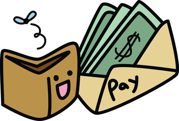 Pay day sticker doodle; Empty wallet and pay day envelope full of cash money cute hand drawn vector illustration.