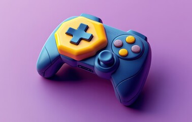 3D Illustration of NFT Logo with Yellow Hexagon and Blue Gaming Controller in Playful Cartoon Style