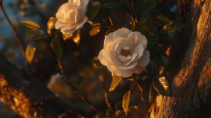 Two white roses bloom on a tree branch at sunset, illuminated by warm golden light.