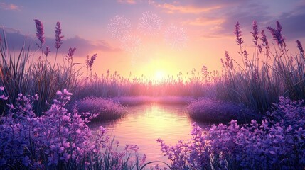 Obraz premium Serene Sunset Landscape Purple Flowers Calm Water Fireworks Display