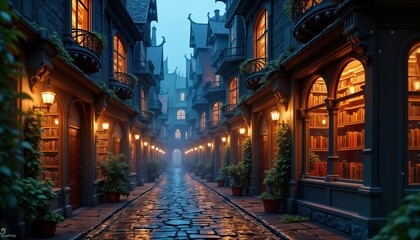 Fototapeta premium Enchanted night street with glowing windows. Old buildings with glowing books in windows. Magical atmosphere with antique lanterns. Cobbled streets. Fairy tale concept. City at night. Romantic image.
