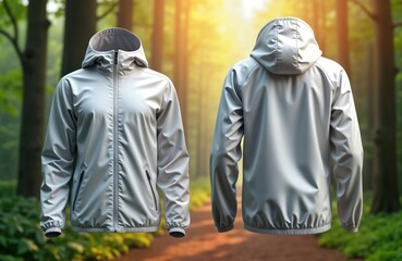 White sport jacket mockup shows front, back views in forest background. Stylish anorak design suitable for outdoor activities casual wear. Modern, minimalist design ideal for branding purposes. Great
