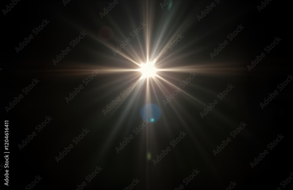 Poster Bright light rays burst from center of black background. Lens flare effect. Abstract image with bright light rays radiating outwards. Ideal for digital design projects, photo editing. Glowing light