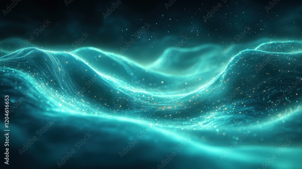 Aufkleber futuristic abstract landscape with glowing turquoise light and smooth curves in a dynamic motion env