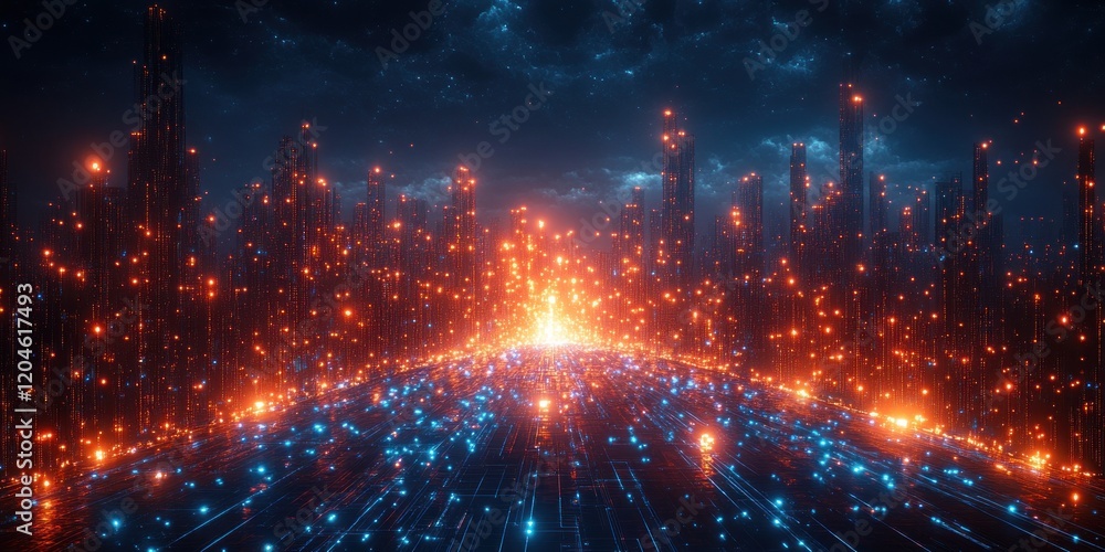 Aufkleber futuristic cityscape with neon lights and dynamic data streams in a high-speed hyperloop network