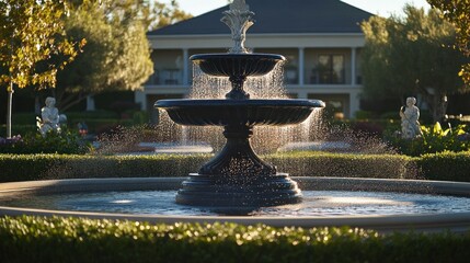 Elegant tiered fountain in a garden with a mansion in the background.