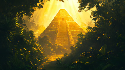 A majestic ancient pyramid rises amidst lush greenery, bathed in golden light, evoking a sense of mystery and history. Golden Pyramid. Illustration