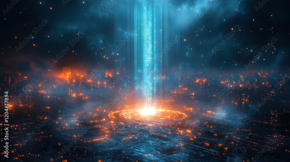 Poster futuristic digital landscape with glowing light beams and grid patterns for machine learning and cyb