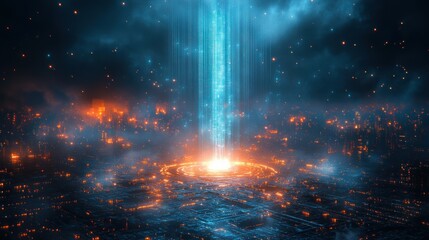 Futuristic Digital Landscape with Glowing Light Beams and Grid Patterns for Machine Learning and Cyber Security Visualization