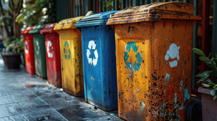 Obraz premium Colorful recycling bins with floating shapes highlight waste management innovations.